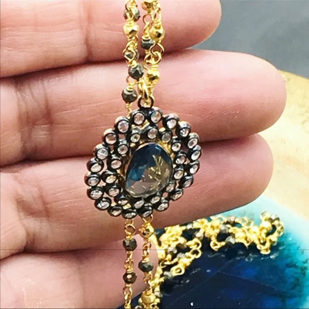 Blue Spinal & sapphires gold black silver necklace - Picture 4 of 4